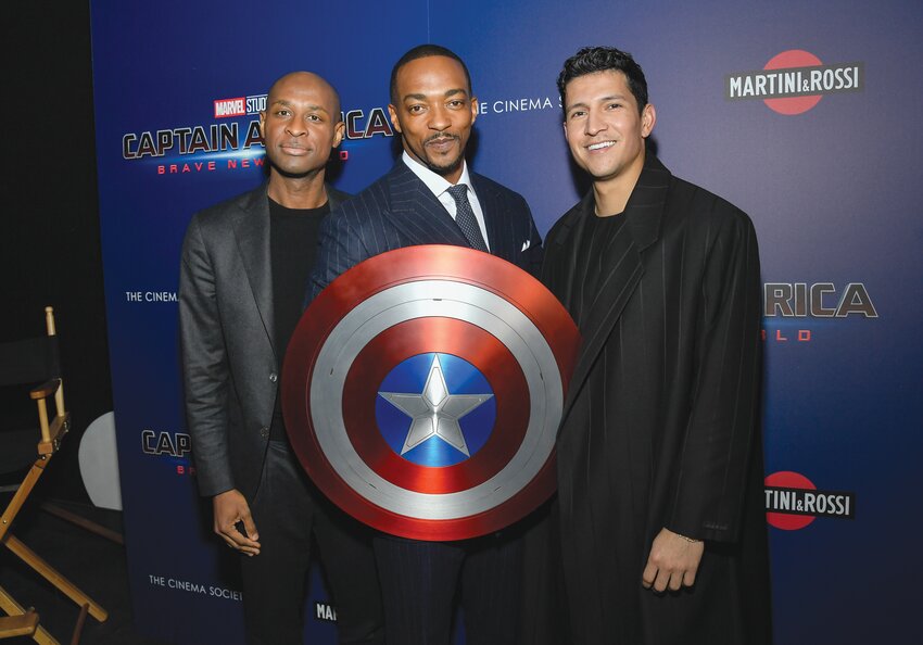 Julius Onah, left, Anthony Mackie and Danny Ramirez attend the special screening of &quot;Captain America: Brave New World&quot; on Thursday, Feb. 13, in New York.