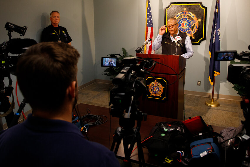Chief Deputy Hampton Gardner speaks at a news conference on Thursday, April 17, after a double homicide that took place on Wednesday, April 16, on Floyd Drive in Sumter. An 11-year-old girl was one of the victims. 