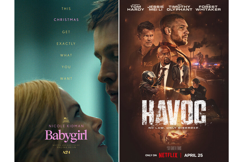 This combination of photos show promotional art for the films &quot;Babygirl,&quot; left, and &quot;Havoc.&quot;