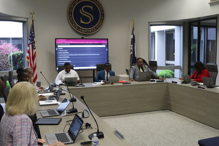 Sumter School District's Board of Trustees are shown at a recent meeting at the district office, 1345 Wilson Hall Road. A special-called meeting of the board is scheduled for Wednesday at 6 p.m.