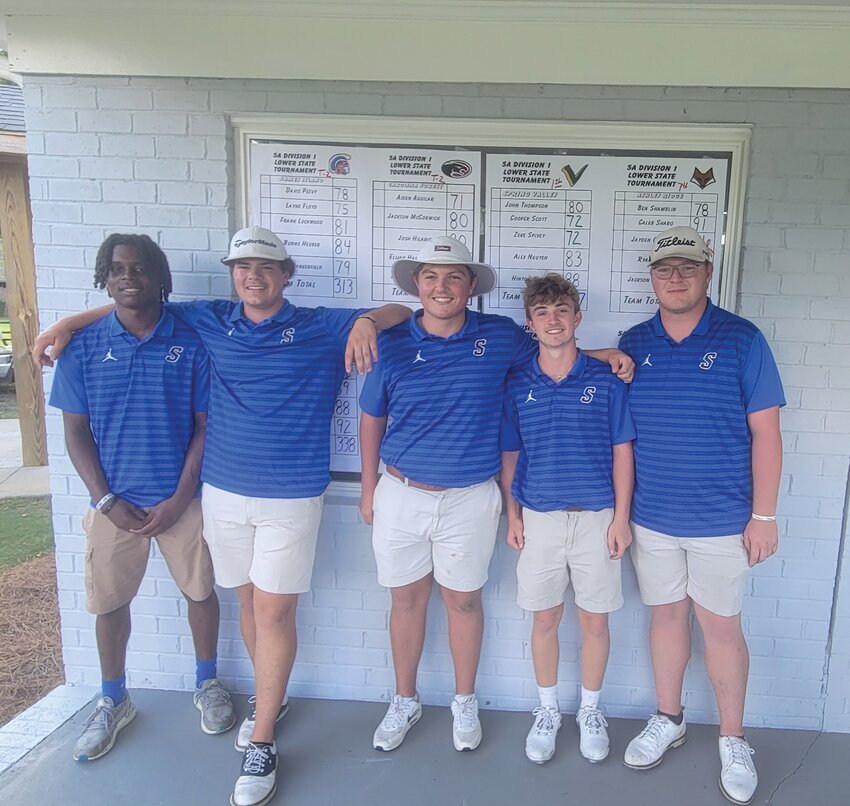 From left, Sumter High's Ethan Budden, Trent Brunson, Hayden Wright, Karson Ruighaver and Chandler Moore pose after qualifying for state with an eighth-place finish as a team at the SCHSL 5A Division I lower state championship on Tuesday.    PHOTO PROVIDED