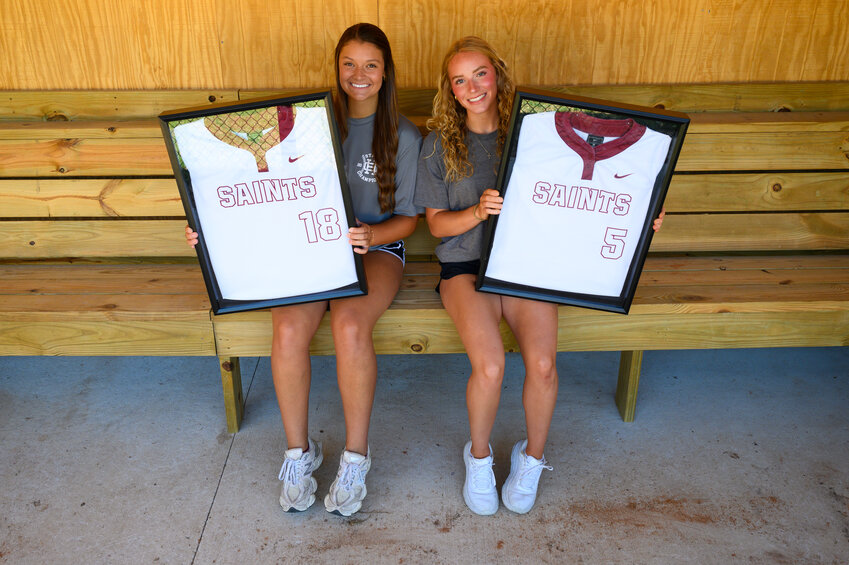 Clarendon Hall seniors Calli Yount, left, and Mandy Wells had their jerseys retired after leading the Lady Saints to five consecutive SCISA state championship series, winning three straight between 2022-24.