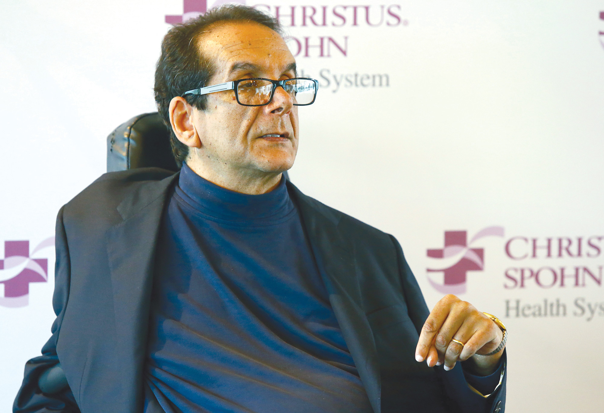 Charles Krauthammer talks about getting into politics during a news conference in Corpus Christi, Texas, in 2015. The conservative writer and pundit Krauthammer has died. His death was announced Thursday by two media organizations that employed him, Fox News Channel and The Washington Post. He was 68.