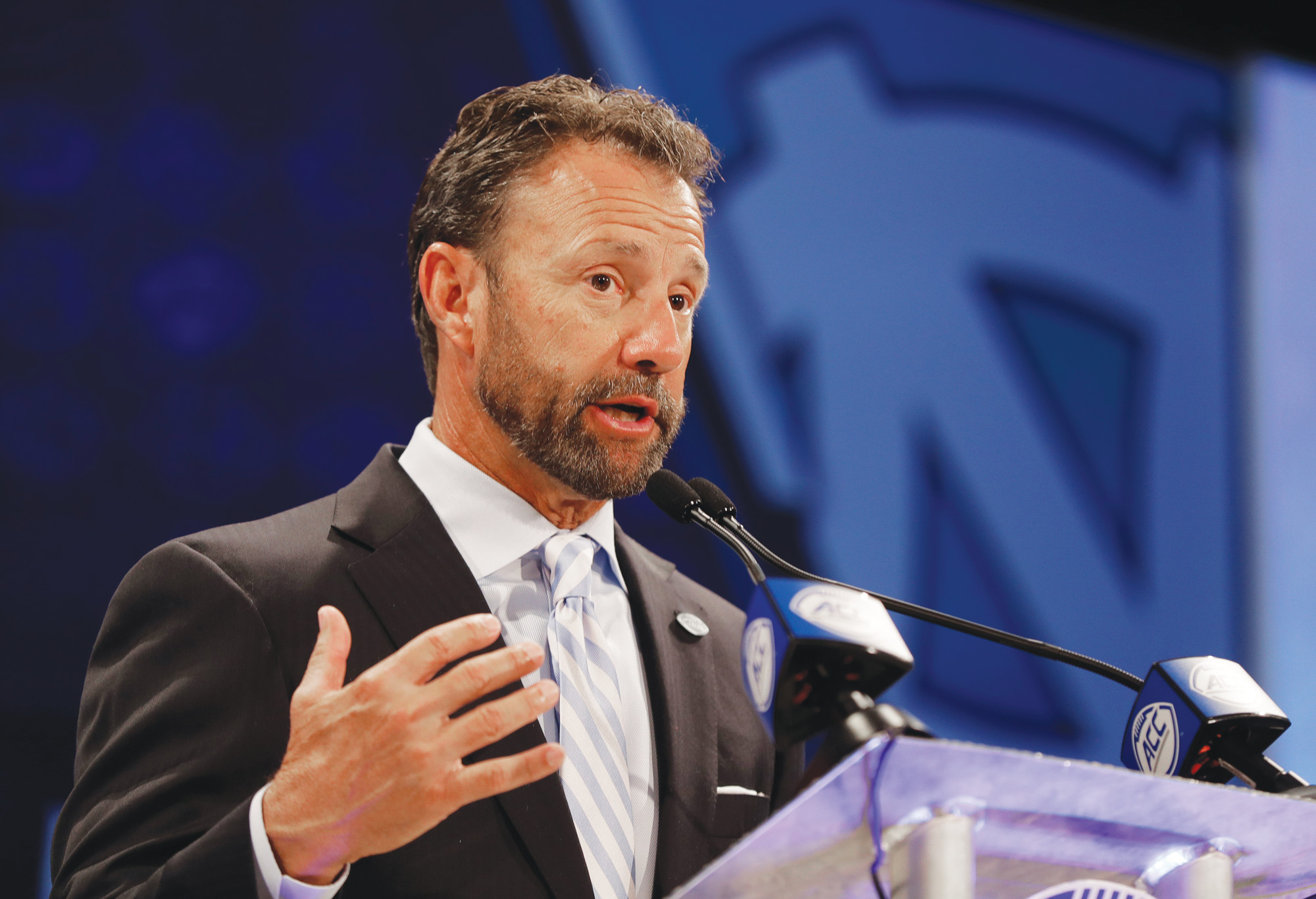 North Carolina head coach Larry Fedora answers a question during a news conference at the NCAA Atlantic Coast Conference college football media day in Charlotte on Wednesday.