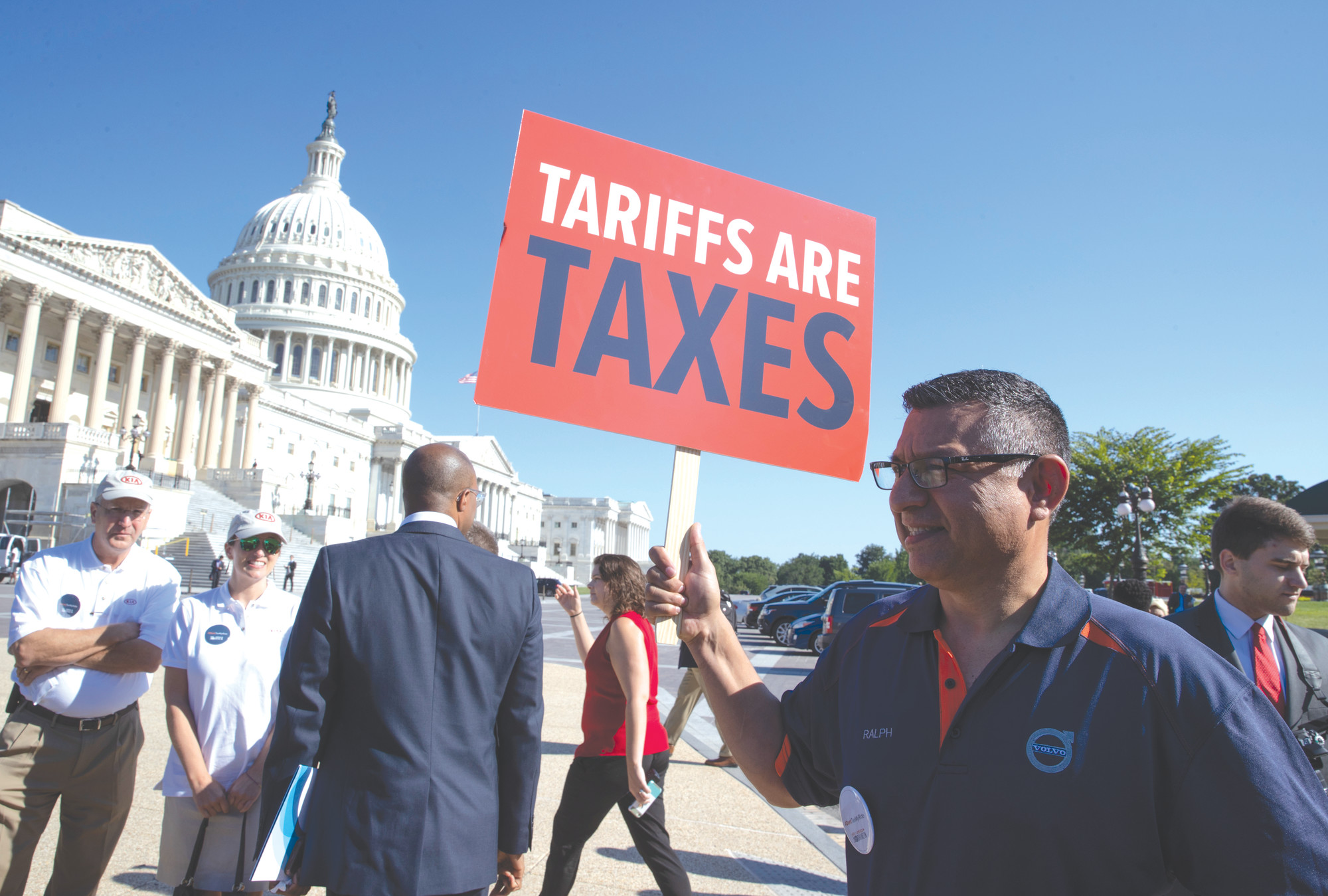 Ralph Garcia, who works for Volvo in South Carolina, joins other Americans who work for international auto companies demonstrating on Capitol Hill in Washington on July 19 against trade tariffs they say will negatively affect U.S. auto manufacturing.