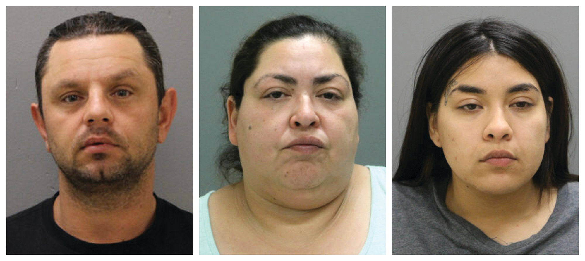 This combination of booking photos provided by the Chicago Police Department on Thursday, May 16, 2019 shows from left, Pioter Bobak, 40; Clarisa Figueroa, 46; and Desiree Figueroa, 24. Charges against them come three weeks after 19-year-old Marlen Ochoa-Lopez disappeared and a day after her body was discovered in a garbage can in the backyard of Clarissa Figueroa's home in Chicago's Southwest Side. Police said the teenager was strangled and her baby cut from her body.
