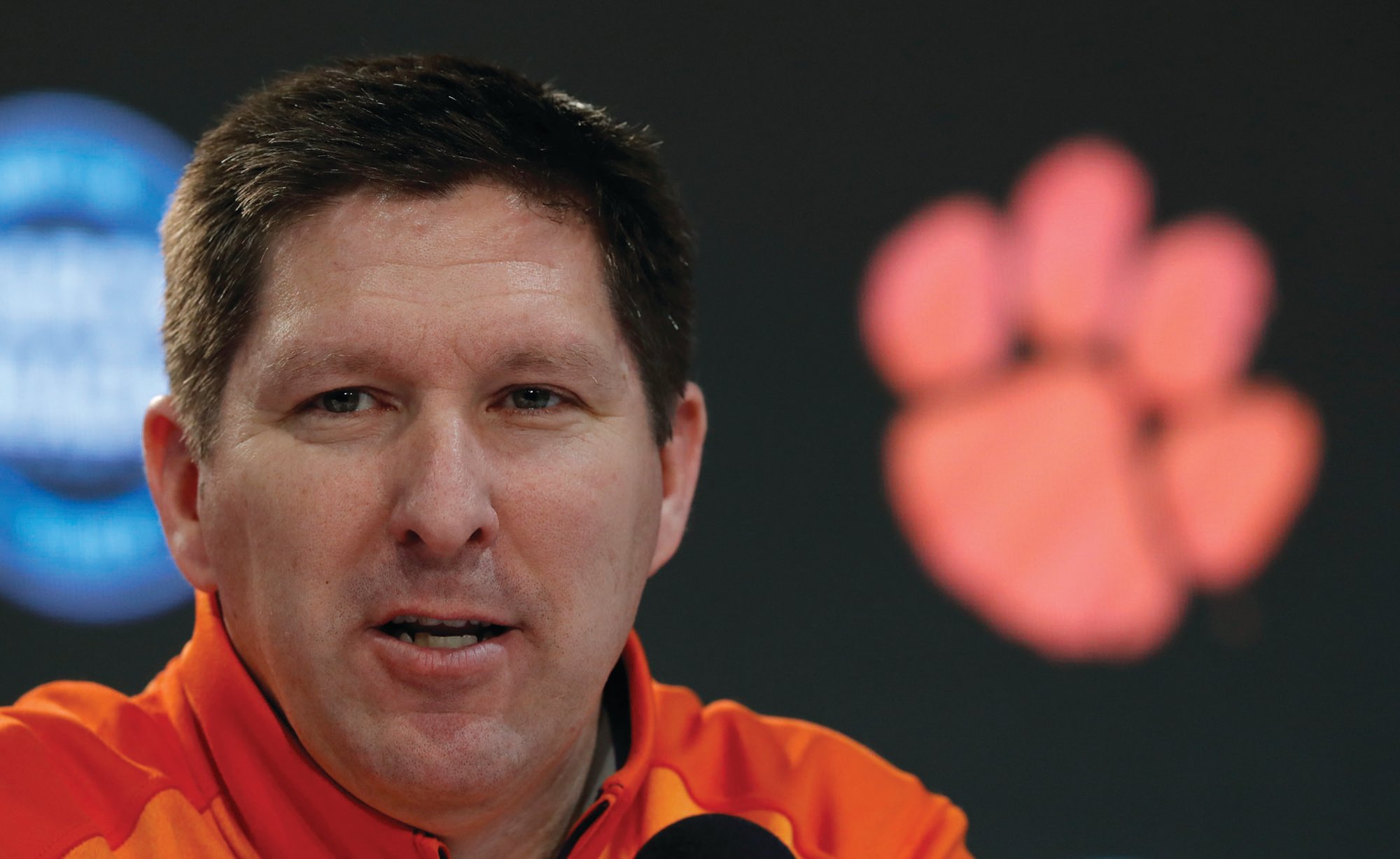 Clemson head coach Brad Brownell speaks during a news conference at the NCAA men's college basketball tournament, Thursday, March 22, 2018, in Omaha, Neb. Clemson faces Kansas in a regional semifinal on Friday.