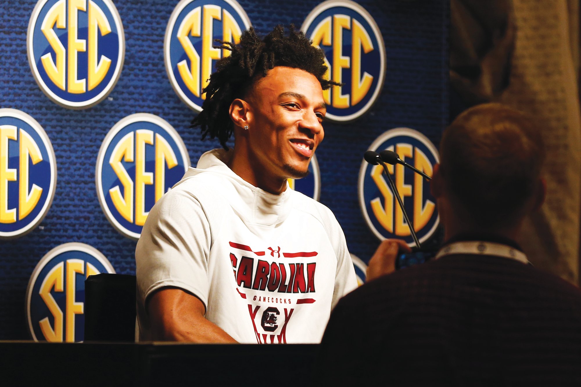 South Carolina's AJ Lawson speaks during the Southeastern Conference NCAA college basketball media day, Wednesday, Oct. 16, 2019, in Birmingham, Ala.