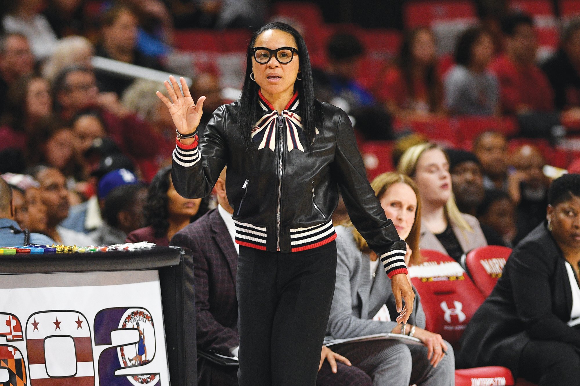 South Carolina head coach Dawn Staley gestures during the first half of an NCAA college basketball game against Maryland, Sunday, Nov. 10, 2019, in College Park, Md.