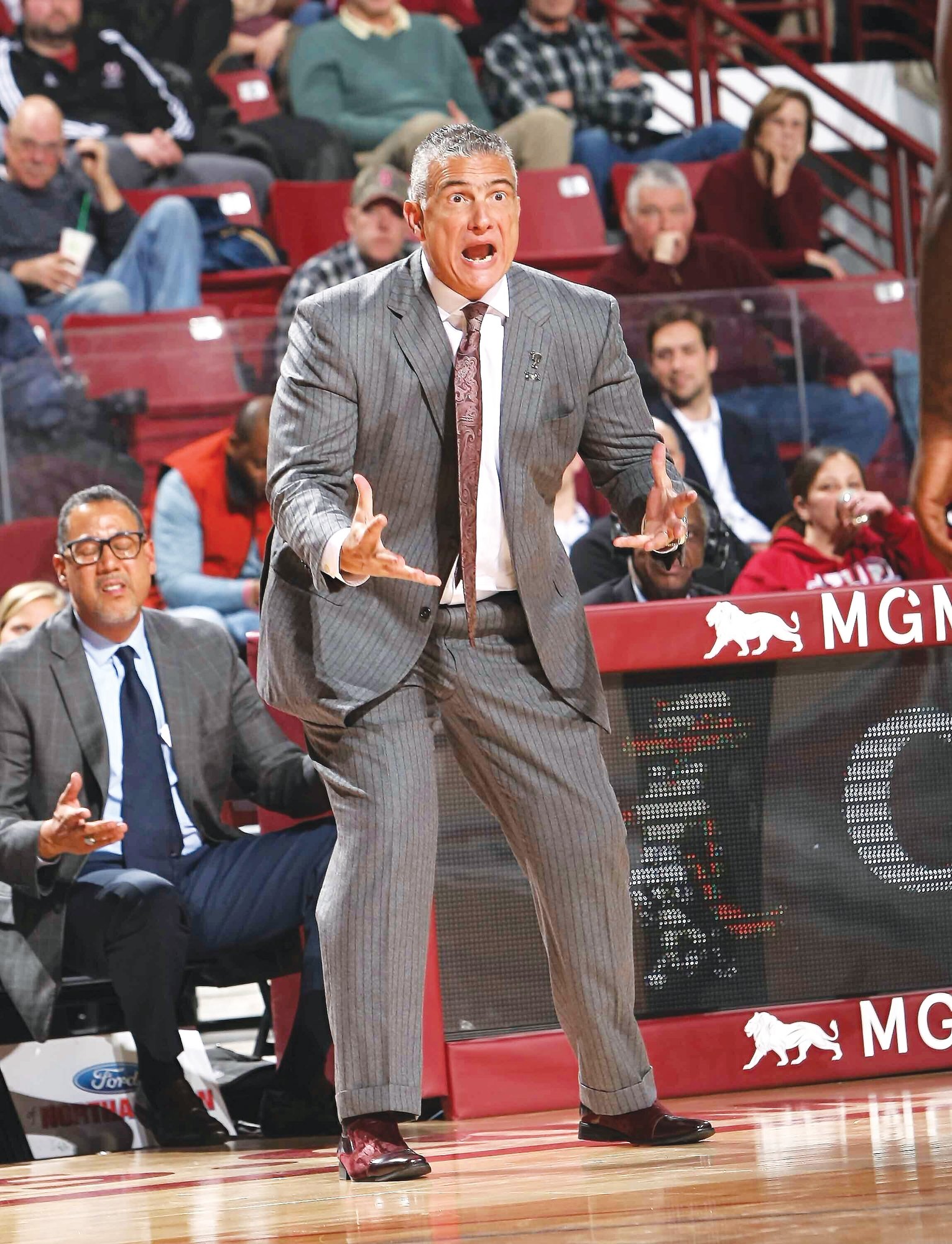 South Carolina head coach Frank Martin, yells at his players during the first half of an NCAA college basketball game against Massachusetts Wednesday, Dec. 4, 2019, in Amherst, Mass.