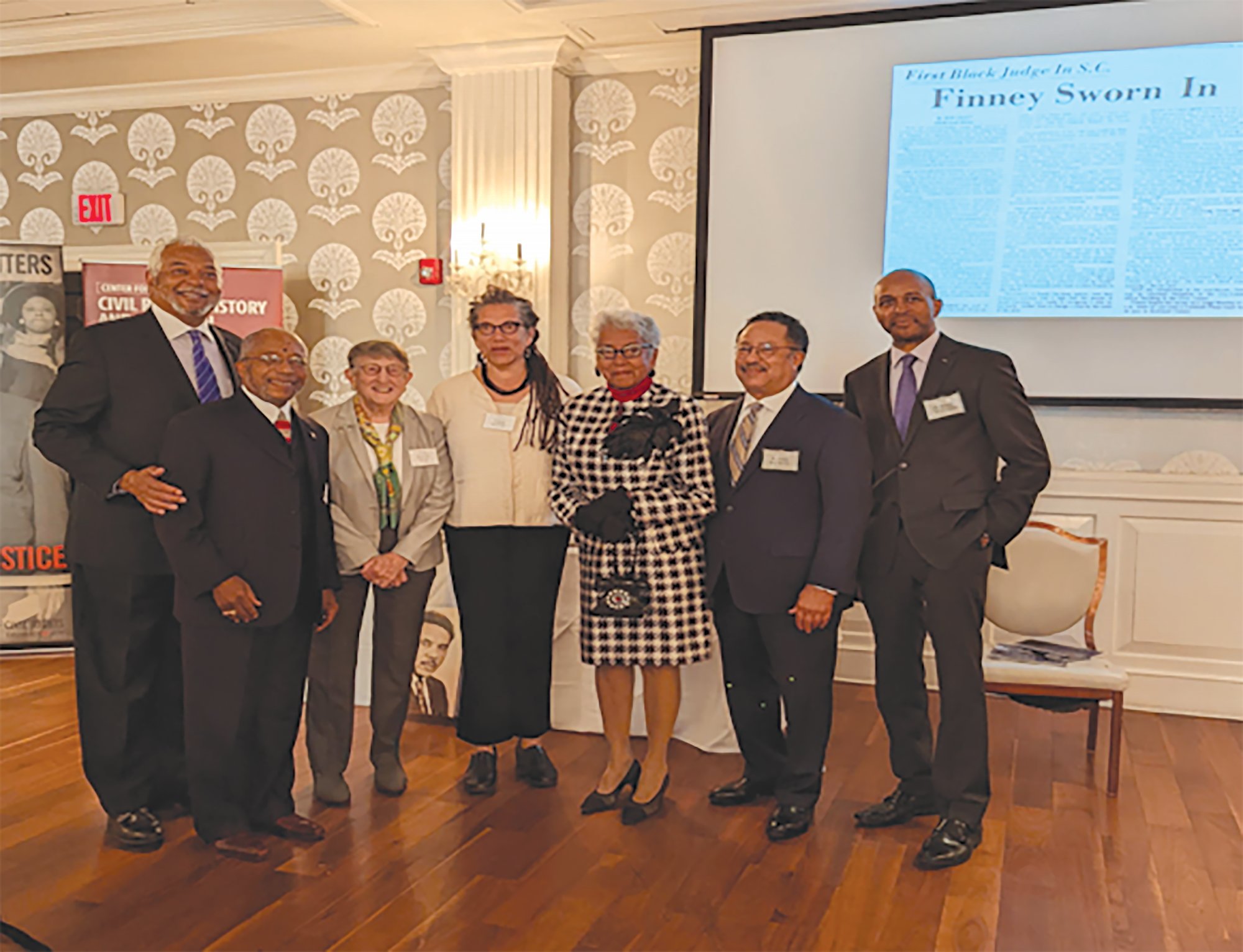 From left are Solicitor Ernest A Finney III; the Rev. Dr. J. Elbert Williams; retired Supreme Court Justice The Honorable Jean H. Toal; Professor Lynn Carol Nikky Finney; Mrs. Frances Davenport Finney; Luther Battiste III, Esquire; and Dr. Bobby Donaldson, USC history professor.