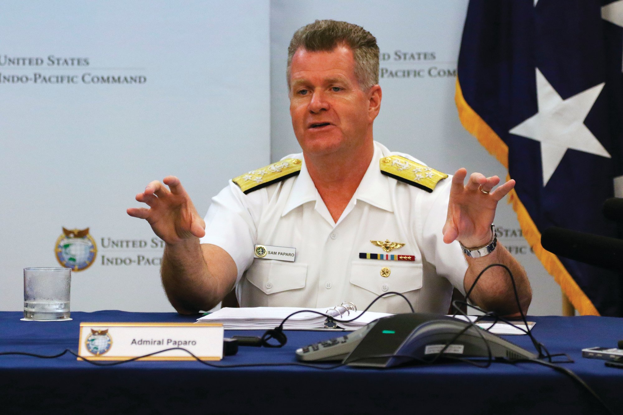 Adm. Sam Paparo, U.S. Pacific Fleet commander, speaks at a news conference at Camp H.M. Smith, Hawaii on Thursday, June 30, 2022. A Navy investigation released Thursday revealed that shoddy management and human error caused fuel to leak into Pearl Harbor's tap water last year, poisoning thousands of people and forcing military families to evacuate their homes for hotels.