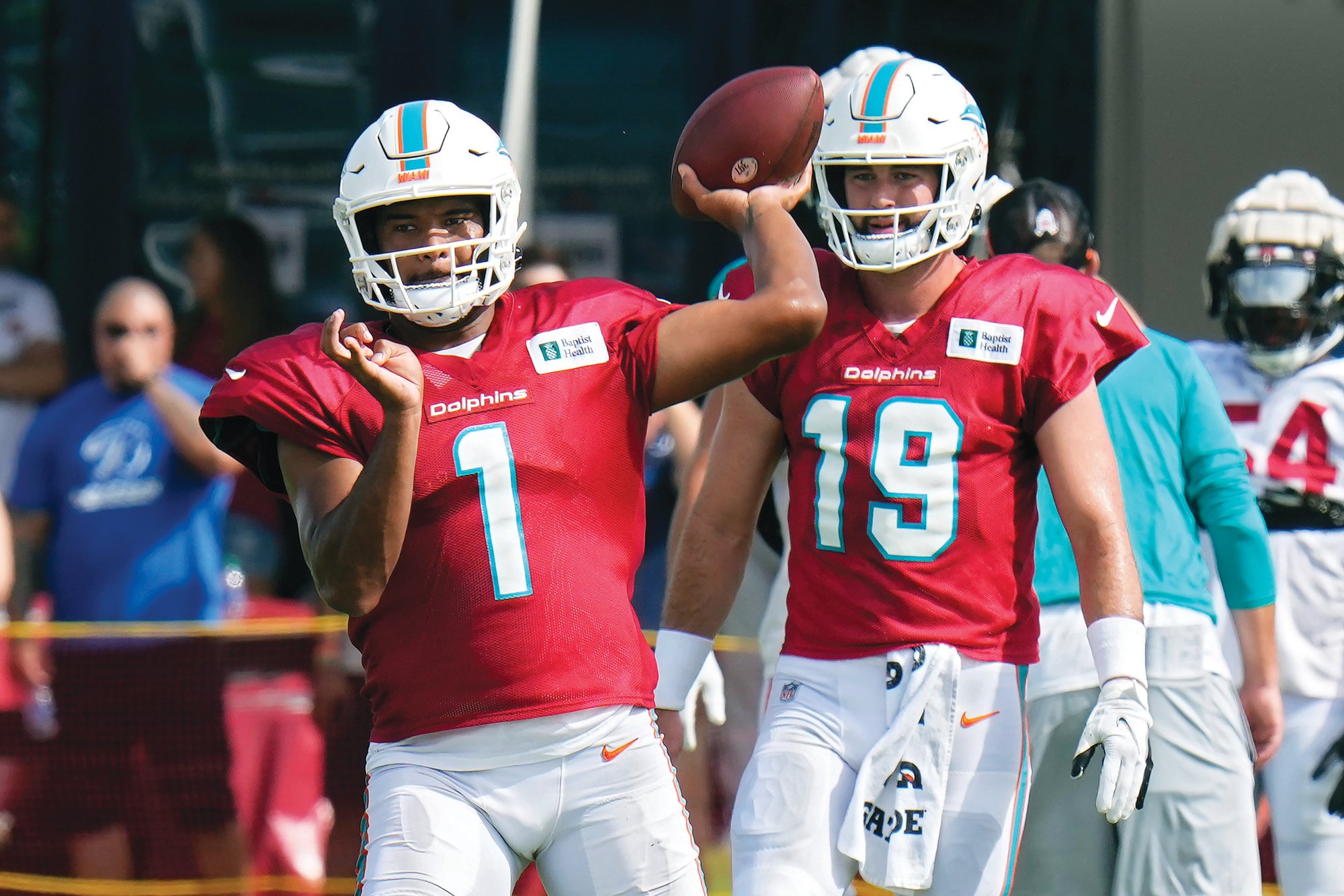 Miami Dolphins quarterback Tua Tagovailoa (1) throws a pass during training camp on Wednesday in Tampa, Florida.