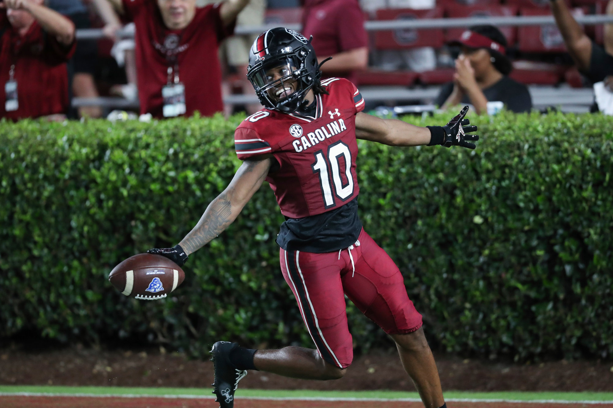 South Carolina wide receiver Ahmarean Brown (10) celebrates after a touchdown against Georgia State on Saturday in Columbia.
