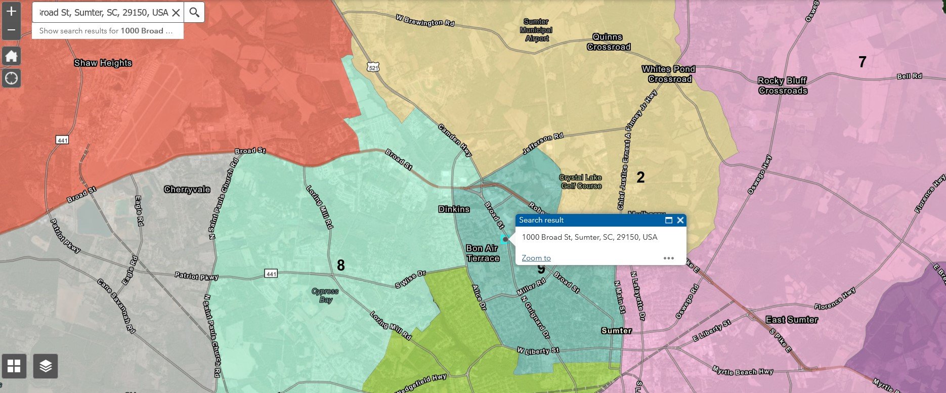 To see in which of the nine new school board districts you live, go to sumterschools.net and click on the board link at the top of page and then click on "New School Board Areas." The interactive map will then display and a spy glass tool near the top of the map allows residents to simply type in their home address and see which board member's district they live in and can therefore vote for.