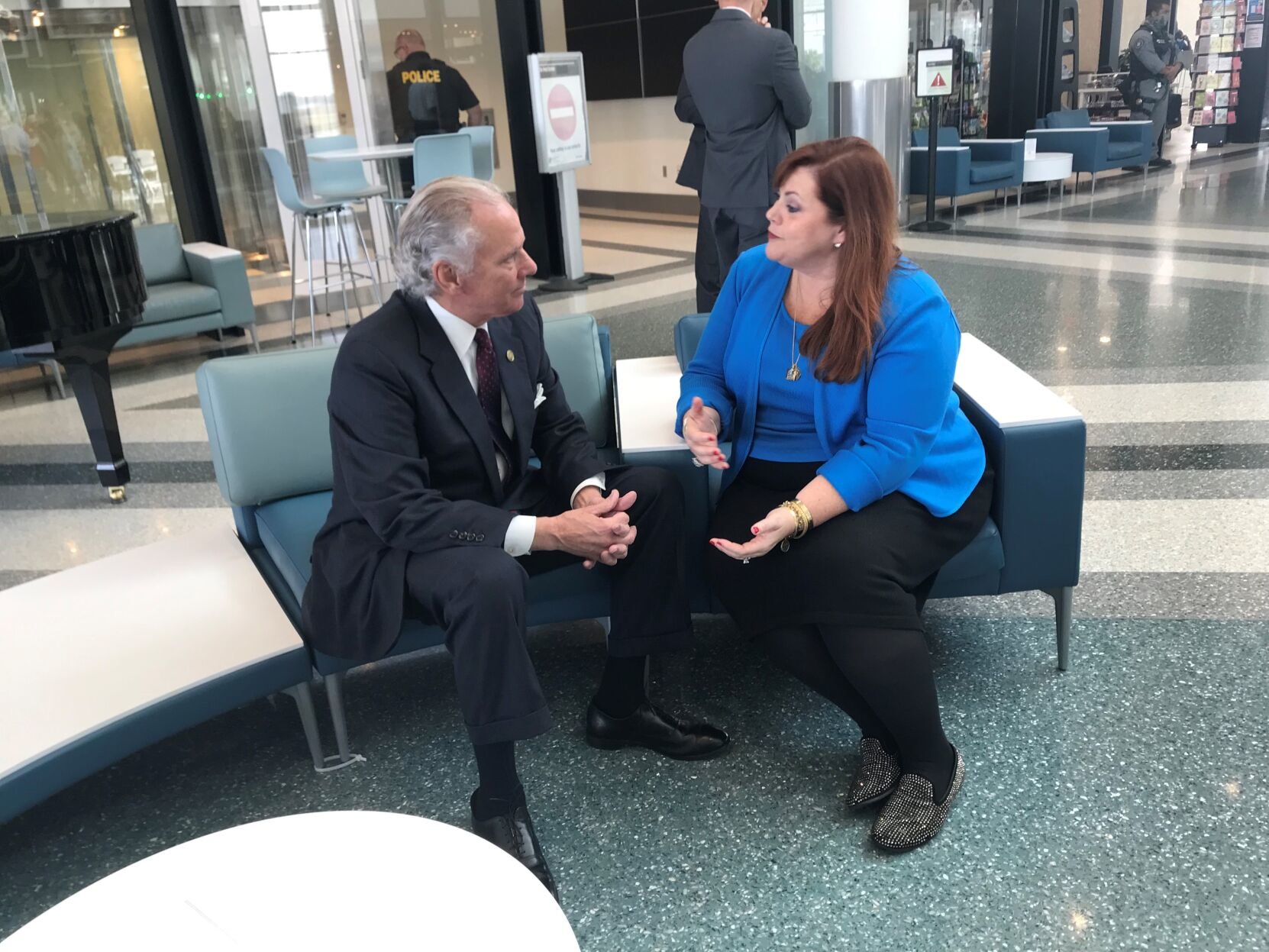 South Carolina Gov. Henry McMaster and Explore Charleston CEO Helen Hill chat after Breeze Airways announced in March 2022 that it will offer four new flights from the Lowcountry, including nonstop routes to Las Vegas and San Francisco. Hill serves as chairwoman of the Charleston County Aviation Authority, which oversees the state's largest airport.