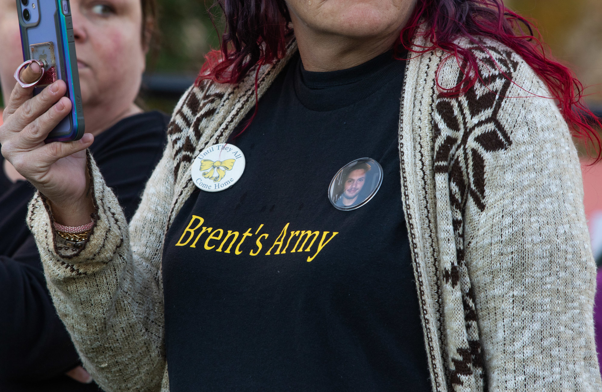 Renee Brown Frey wears a Brent's Army shirt dedicated to Brent Garcia, who went missing on Dec. 26, 2020.