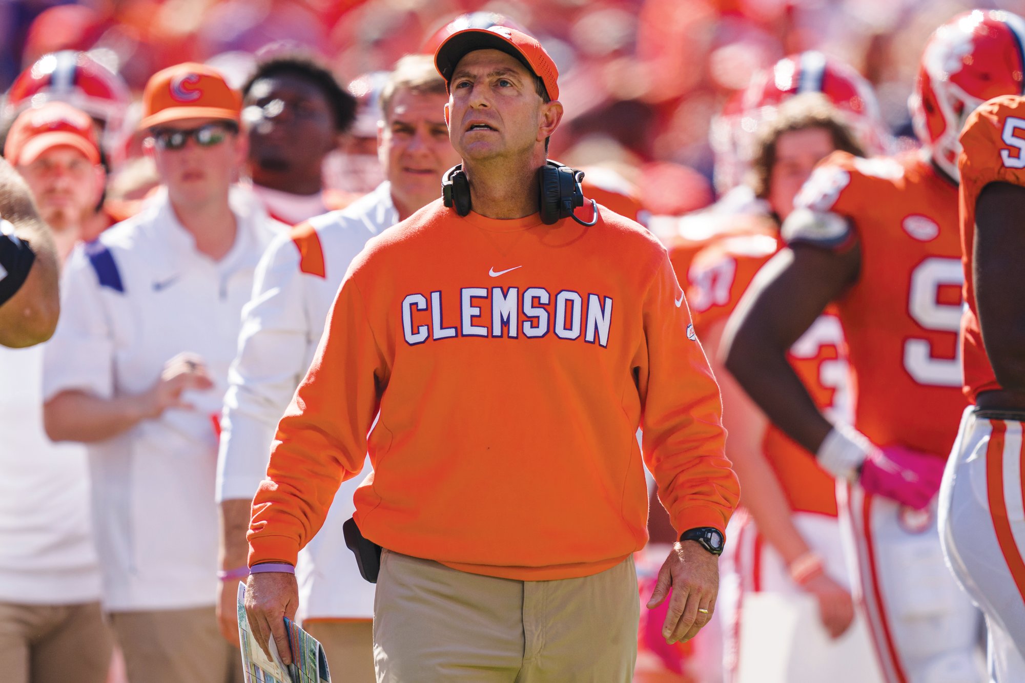 Clemson head coach Dabo Swinney looks on in the second half during an NCAA college football game against Syracuse on Saturday, Oct. 22, 2022, in Clemson, S.C.