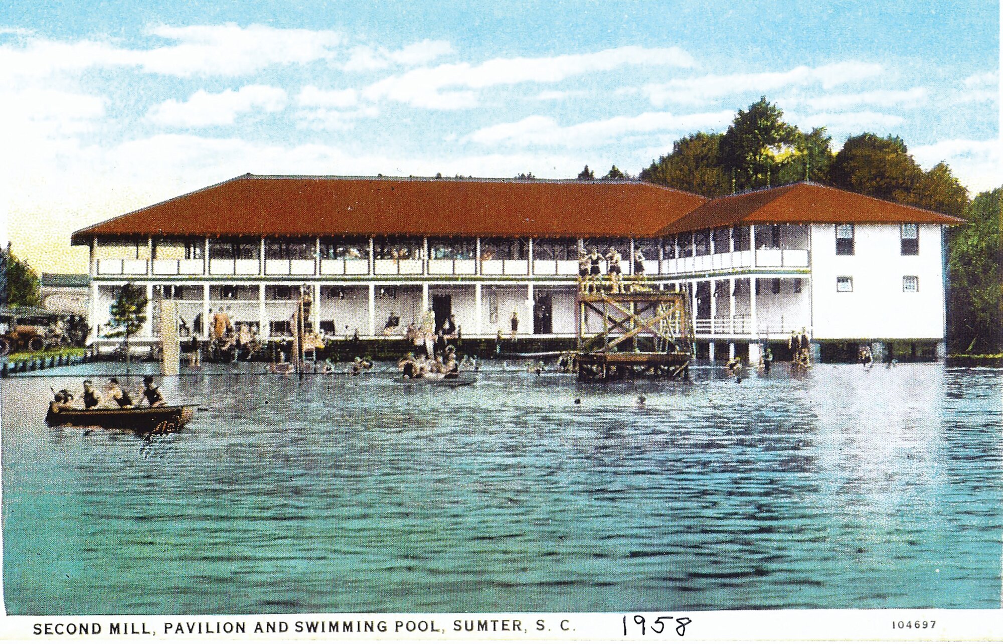 When the long, hot days of summer became too much, Sumterites would head for Pocalla Springs or "Sunset Lake" for a refreshing swim or a day of boating. The lake's pavilion was the scene of many festive summer dances and social events. Even before the pavilion was built, this area was the site of much activity. As early as the 18th century, Richard Bradford erected a grist mill. Soon after, the lake became known as Second Mill. On the site of what is now Swan Lake Iris Gardens.