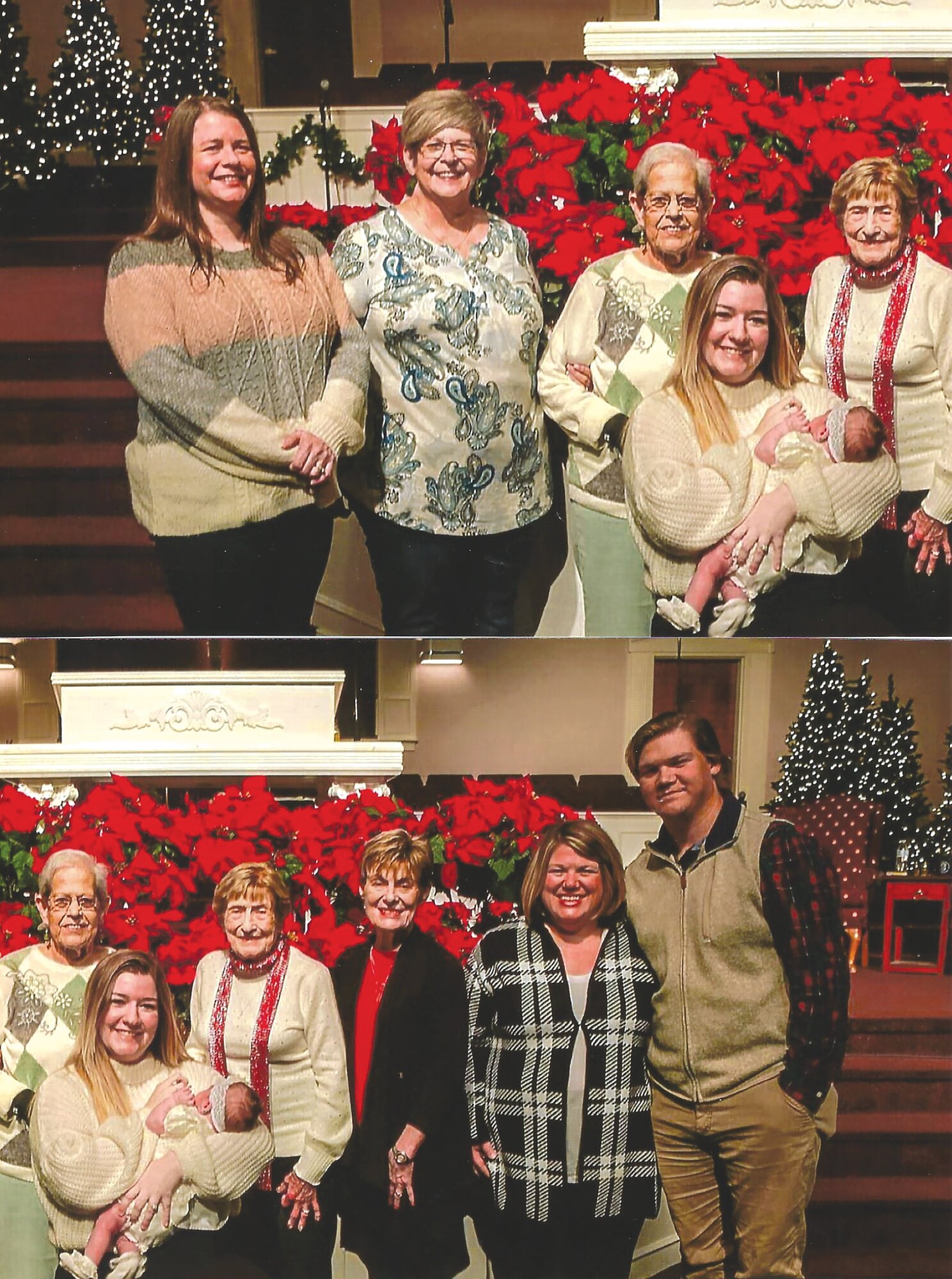 PHOTOS PROVIDED  TOP: From left: Grandmother Stephanie, great-grandmother Cathy, great-great-grandmother Sandy. Holding baby Ellie-Jane is her mother, Julie, next to great-great-grandmother Dona Elaine.  BELOW: Pictured left to right: Great-great-grandmother Sandy, mother Julie holding baby Ellie-Jane, great-great-grandmother Dona Elaine, great-grandmother Diana, grandmother Rebekah, and Ellie-Jane's father, Kody.