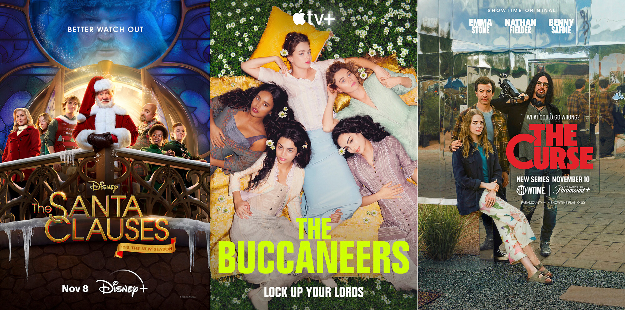 This combination of images shows, from left, promotional art for the second season of "The Santa Clauses," the eight-episode series "The Buccaneers" and the new series "The Curse," starring Emma Stone.
