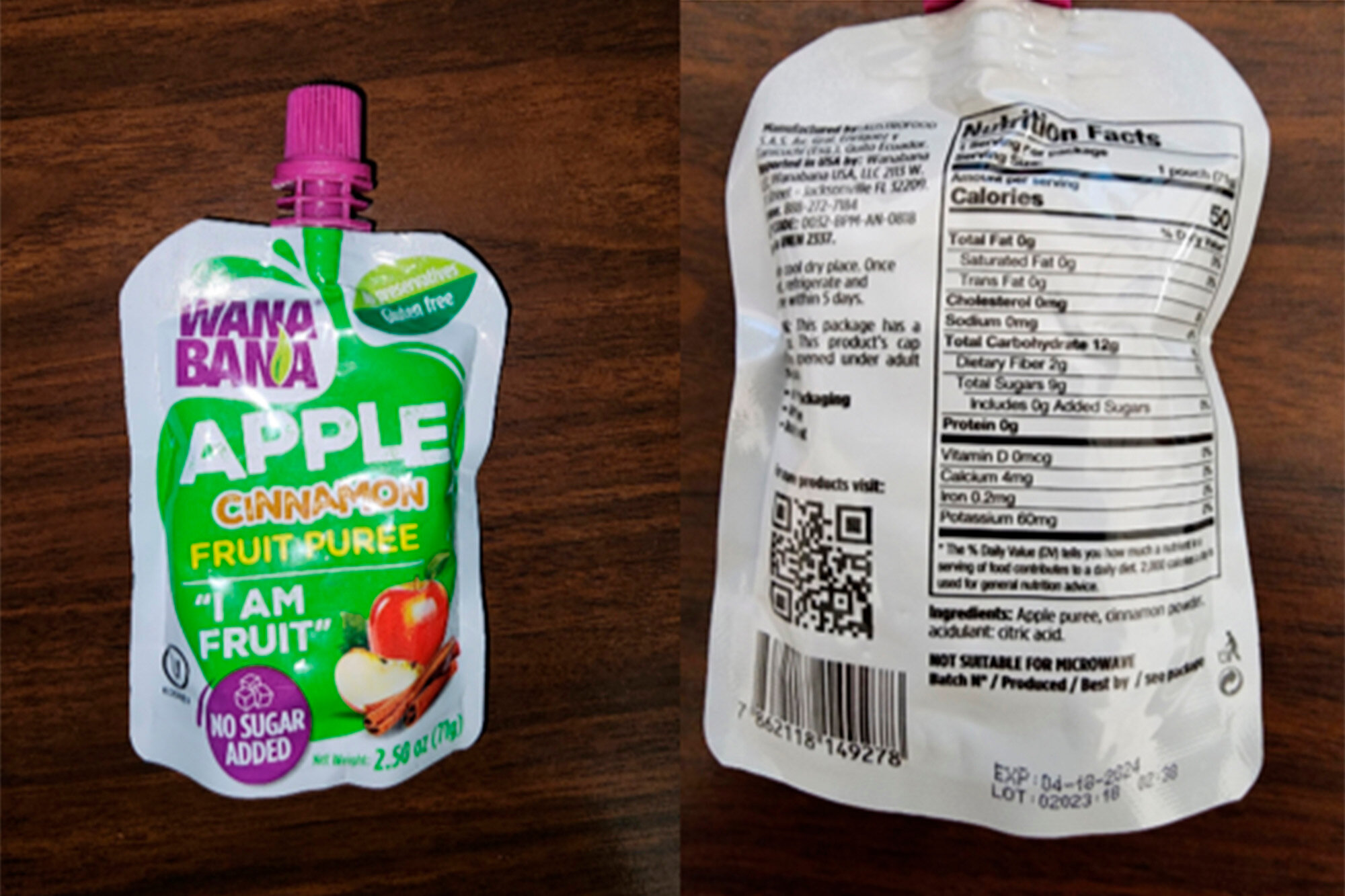 This photo provided by the U.S. Food and Drug Administration on Oct. 28, 2023, shows a WanaBana apple cinnamon fruit puree pouch. On Monday, Nov. 13, 2023, U.S. health officials are warning doctors to be on the lookout for possible cases of lead poisoning in children after at least 22 toddlers in 14 states were sickened by lead linked to tainted pouches of cinnamon apple puree and applesauce. Brands include WanaBana brand apple cinnamon fruit puree and Schnucks and Weis brand cinnamon applesauce pouches. The products were sold in stores and online.