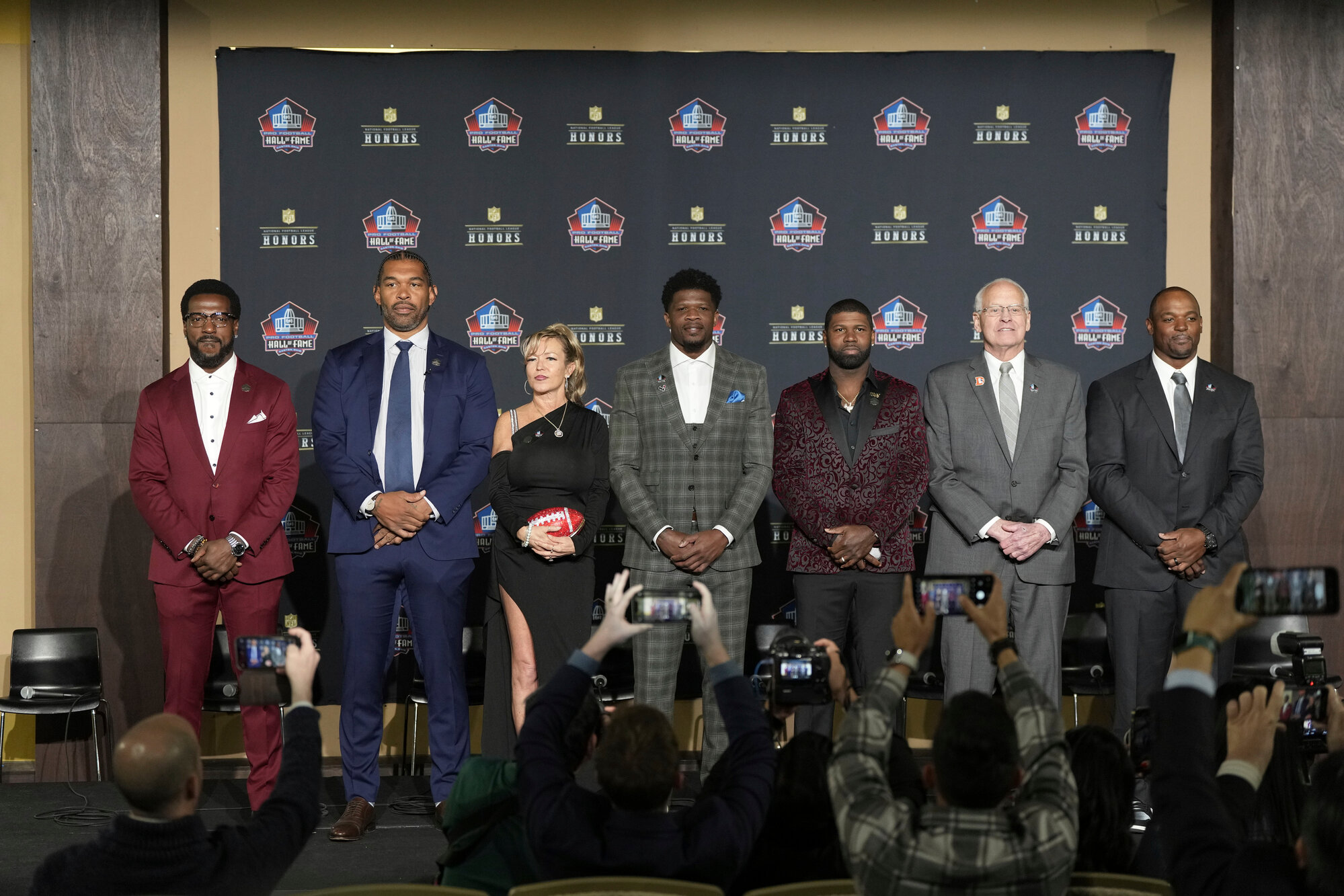 The NFL Hall of Fame Class of 2024 poses during a news conference at the NFL Honors award show ahead of Super Bowl 58 on Thursday in Las Vegas.