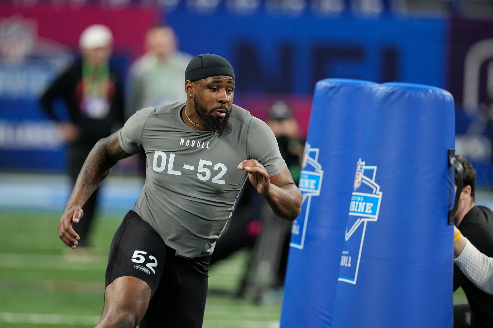 Former Sumter High and Connecticut defensive lineman Eric Watts, seen running drills at the NFL Combine on Feb. 29, 2024, in Indianapolis, signed as an undrafted free agent with the New York Jets.
